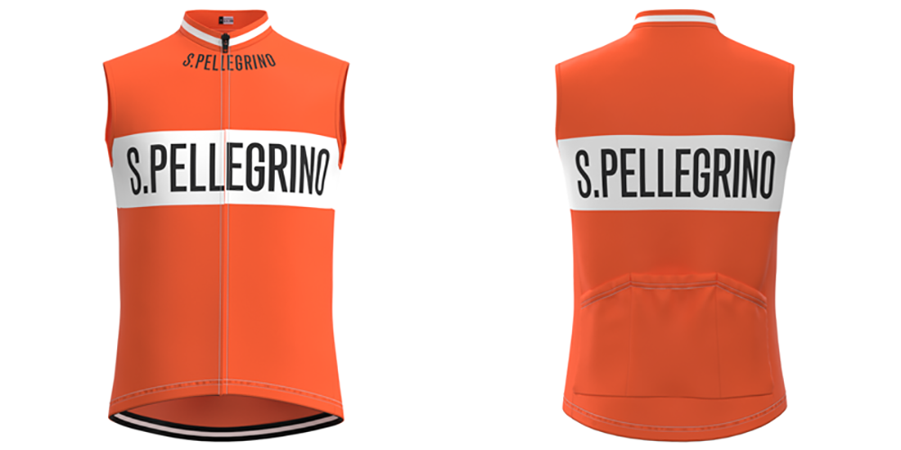 The San Pellegrino Retro Cycling Jersey Set displays both front and back views, featuring a white stripe with bold S. Pellegrino text on vibrant orange. Made from lightweight polyester, this breathable jersey includes a front zipper and convenient back pockets.