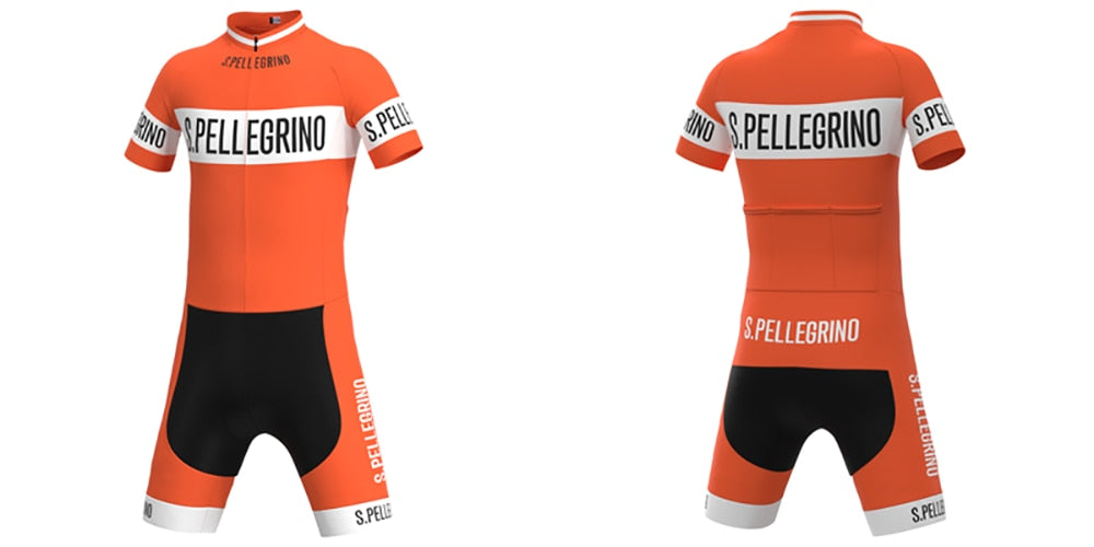 The San Pellegrino Retro Cycling Jersey Set includes an orange jersey and shorts with S. Pellegrino in white bands on sleeves, chest, and sides. It features short sleeves, black accents on the lower torso and legs, is made from breathable polyester, and is shown from both front and back views.