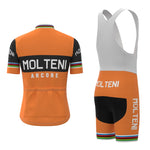 Retro cycling fans will adore the Molteni Arcore Retro Cycling Jersey Set, featuring a vibrant orange jersey with MOLTENI ARCORE on the back, and black panels with multi-colored stripes. The set includes white and orange bib shorts with MOLTENI on the side, reflecting the Eddy Merckx era.