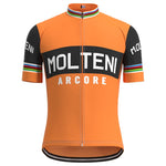 The Molteni Arcore Retro Cycling Jersey Set boasts an orange design with black-sleeved sections, MOLTENI on the chest, ARCORE below, rainbow stripes near the cuffs, and additional MOLTENI text celebrating Eddy Merckxs iconic era.