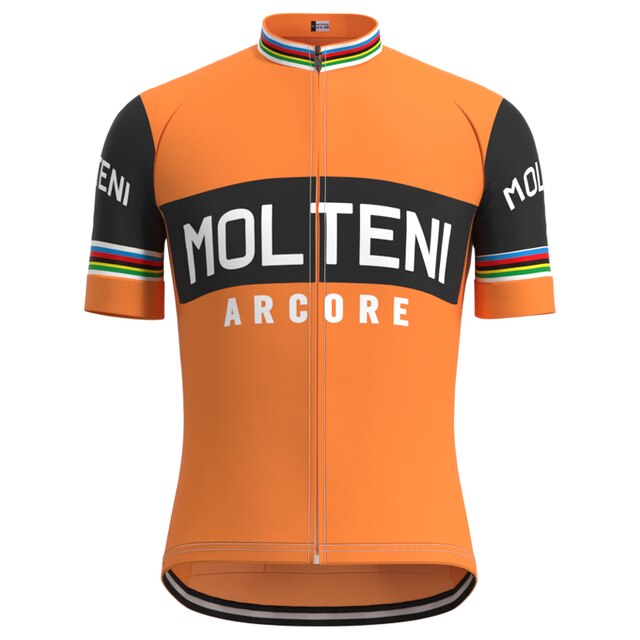 The Molteni Arcore Retro Cycling Jersey Set boasts an orange design with black-sleeved sections, MOLTENI on the chest, ARCORE below, rainbow stripes near the cuffs, and additional MOLTENI text celebrating Eddy Merckxs iconic era.