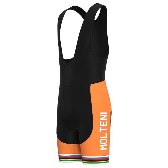 The Molteni Arcore Retro Cycling Jersey Set includes bib shorts with shoulder straps, an orange and black design, MOLTENI on the side, and a rainbow stripe near the hem, paying homage to Eddy Merckx’s legendary team.