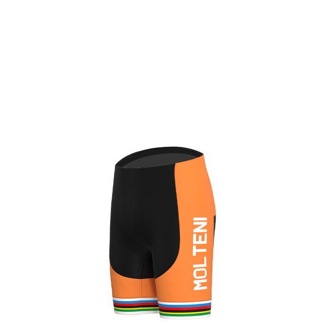 These cycling shorts feature a bold orange and black design with MOLTENI on the side, reminiscent of Molteni Arcore team jerseys. The leg bands have vibrant green, black, blue, and red stripes.