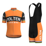 The Molteni Arcore Retro Cycling Jersey Set honors the legendary team with an orange and black jersey featuring MOLTENI and black stripes, reminiscent of Eddy Merckxs iconic style. The matching bib shorts also display MOLTENI with vibrant bands.