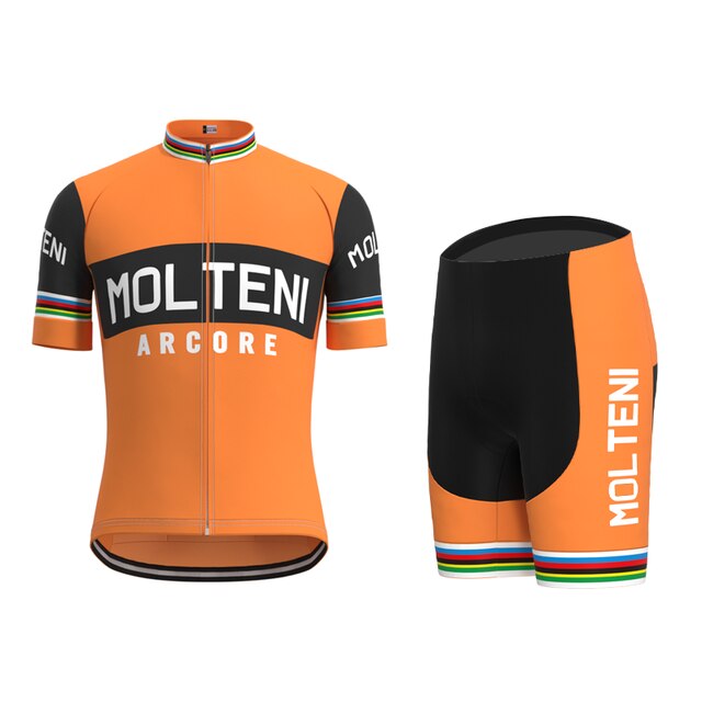 The Molteni Arcore Retro Cycling Jersey Set, inspired by Eddy Merckx, includes an orange jersey with a full-length zipper and rainbow stripes on the sleeves. MOLTENI is emblazoned across the chest. Black shorts feature orange side panels and matching rainbow stripes at the hem.