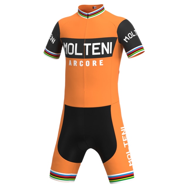 The Molteni Arcore Retro Cycling Jersey Set features an orange and black design with MOLTENI ARCORE on the chest and MOLTENI on the thigh. It includes rainbow-striped accents on the sleeves and leg openings, capturing Eddy Merckxs legendary style.