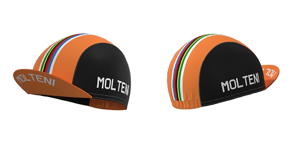 The Molteni Arcore Retro Cycling Jersey Set includes two black and orange caps with MOLTENI on the side. The caps sport blue, red, black, yellow, and green stripes on top, with one featuring MOLTENI on the brim—a nod to Eddy Merckxs legendary team.