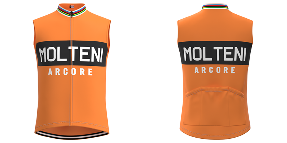 Front and back view of an orange Molteni Arcore Retro Cycling Jersey Set, echoing Eddy Merckxs era, with a black band displaying MOLTENI ARCORE in white letters, a striped collar, and back pockets for a classic retro look.