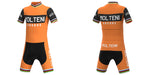 The Molteni Arcore Retro Cycling Jersey Set features a retro-styled orange and black jersey and shorts with Eddy Merckx flair, logos on the chest, back, and leg, multicolored stripes on sleeves and cuffs. Front and back views are shown.
