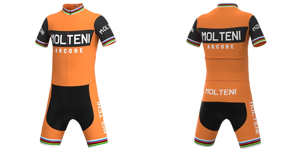 The Molteni Arcore Retro Cycling Jersey Set features a retro-styled orange and black jersey and shorts with Eddy Merckx flair, logos on the chest, back, and leg, multicolored stripes on sleeves and cuffs. Front and back views are shown.
