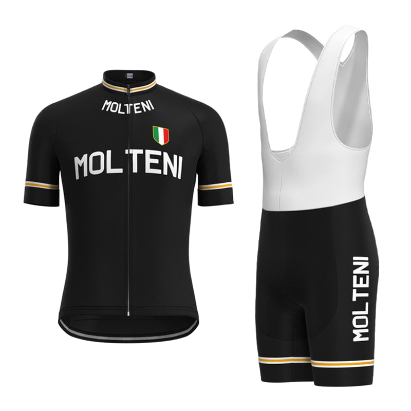 The Molteni Black Retro Cycling Jersey Set honors Eddy Merckx with a black short-sleeved jersey featuring white Molteni text, an Italian flag emblem, gold sleeve accents, and breathable white cycling shorts for peak performance.