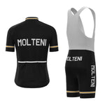 The Molteni Black Retro Cycling Jersey Set, inspired by Eddy Merckx, features a black and white kit with Molteni text. The cycling jersey has short sleeves and back pockets, while the bib shorts offer breathable black bottoms with white suspenders.