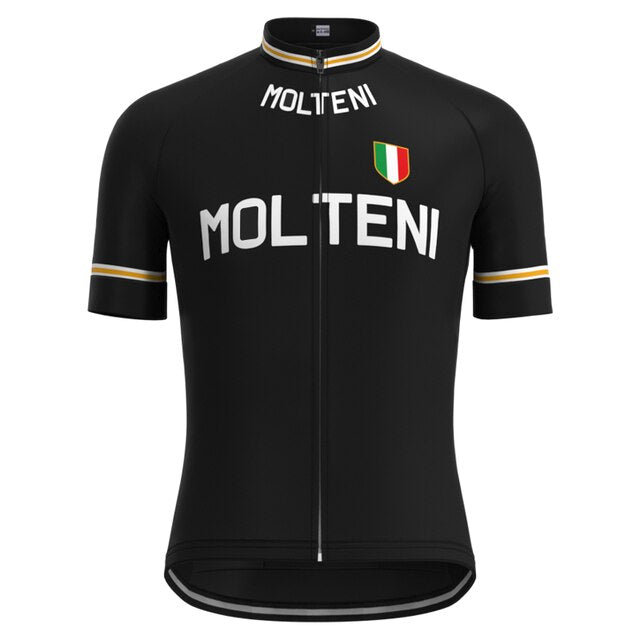 The Molteni Black Retro Cycling Jersey Set features bold MOLTENI in white on the front, a small Italian flag emblem on the chest, and gold accents on sleeves and collar, capturing Eddy Merckxs iconic style.