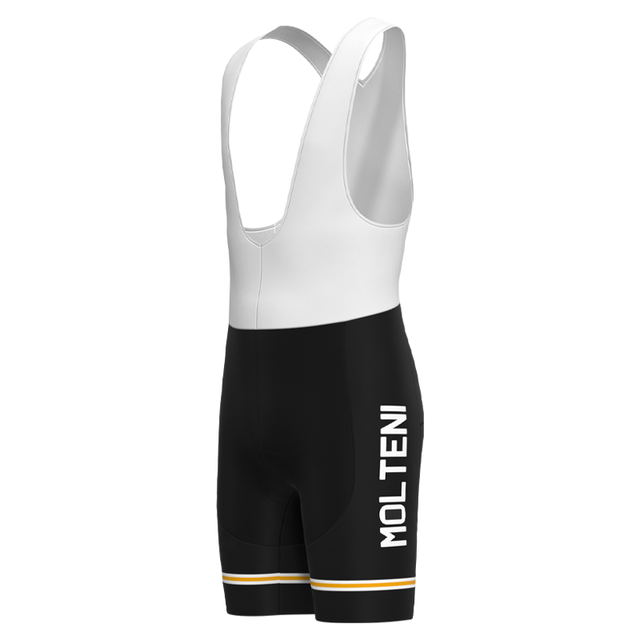 The Molteni Black Retro Cycling Jersey Set includes breathable cycling bib shorts with white upper straps, black lower sections featuring MOLTENI text on the side, and yellow and white stripes near the hem, ideal for complementing an Eddy Merckx-inspired jersey.