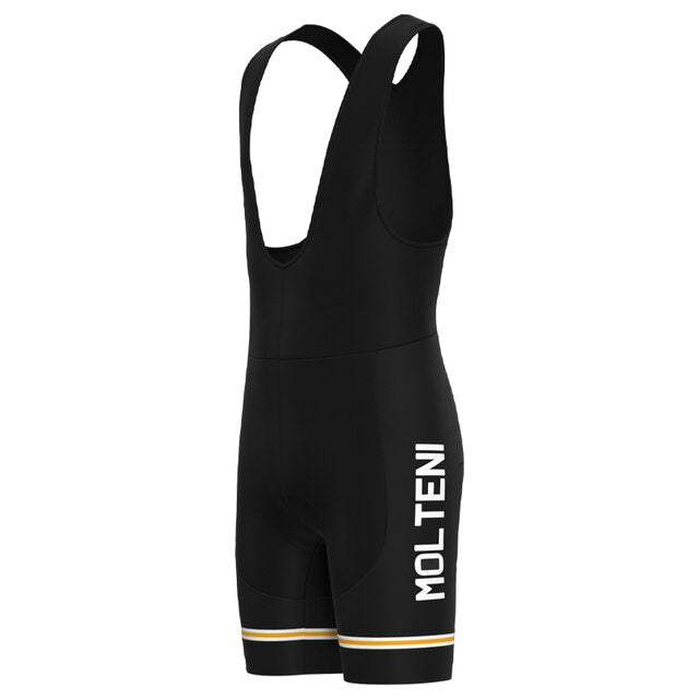 The Molteni Black Retro Cycling Jersey Set includes breathable black bib shorts with MOLTENI in white on the side, gold and white stripes at the hem, and wide straps, inspired by Eddy Merckxs iconic retro jersey. Displayed on a white background.