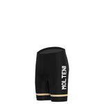 The Molteni Black Retro Cycling Jersey Set features black cycling shorts with a vertical MOLTENI print and thin beige and white stripes near the hem, echoing a classic jersey style. Ideal for fans of Eddy Merckxs iconic era.