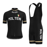 The Molteni Black Retro Cycling Jersey Set honors Eddy Merckx, featuring a black short-sleeve jersey with white MOLTENI text and an Italian flag emblem. The matching bib shorts and jersey include gold accents on the sleeves and legs for a classic look.