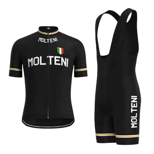 The Molteni Black Retro Cycling Jersey Set honors Eddy Merckx, featuring a black short-sleeve jersey with white MOLTENI text and an Italian flag emblem. The matching bib shorts and jersey include gold accents on the sleeves and legs for a classic look.