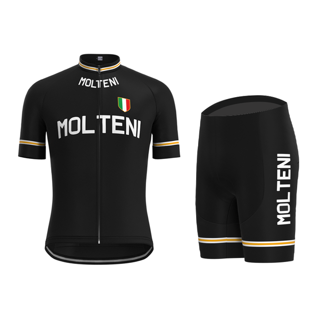 The Molteni Black Retro Cycling Jersey Set, inspired by Eddy Merckx, features MOLTENI text in white. The jersey displays an Italian flag emblem with yellow and white sleeve stripes, while the breathable shorts have matching hem stripes for optimal comfort.