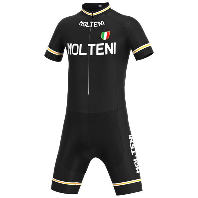 Embrace cycling history with the Molteni Black Retro Cycling Jersey Set, adorned with MOLTENI across the chest and leg. The design honors Eddy Merckxs legacy, featuring Italian flag colors on sleeves and collar for a classic flair.