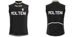 Front and back view of the Molteni Retro Cycling Jersey Set, inspired by Eddy Merckx. This sleeveless black jersey displays MOLTENI in bold white text with an Italian flag emblem on the front and two pockets with white trim on the back.