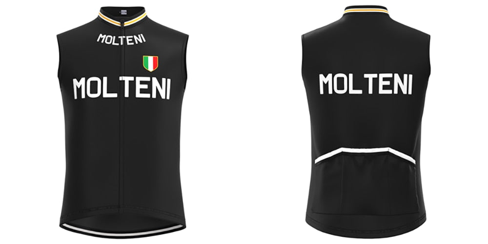 Front and back view of the Molteni Retro Cycling Jersey Set, inspired by Eddy Merckx. This sleeveless black jersey displays MOLTENI in bold white text with an Italian flag emblem on the front and two pockets with white trim on the back.