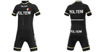 The Molteni Black Retro Cycling Jersey Set, inspired by Eddy Merckx, features MOLTENI in bold white lettering on both sides. It includes a small Italian flag on the chest and breathable cycling shorts with white, yellow, and red trim for comfort. Both front and back views are shown.