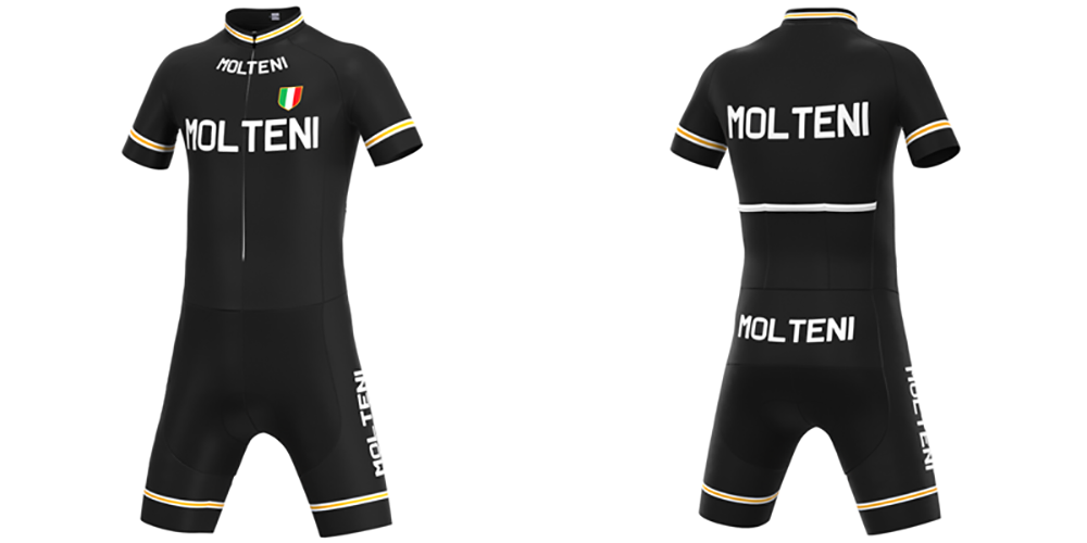 The Molteni Black Retro Cycling Jersey Set, inspired by Eddy Merckx, features MOLTENI in bold white lettering on both sides. It includes a small Italian flag on the chest and breathable cycling shorts with white, yellow, and red trim for comfort. Both front and back views are shown.