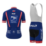 Try the US Postal Service Short Sleeve Pro Cycling Team Jersey Set, featuring the blue and white design worn by Lance Armstrong. It shows off logos from USPS, Bissell, and others with red and white stripes on the sleeves. The bib shorts are branded with AMD.