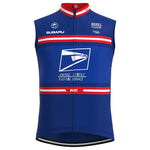 A sleeveless blue US Postal Service Short Sleeve Pro Cycling Team Jersey decorated with red and white stripes, featuring logos like Subaru and Visa, akin to those worn by legends like Lance Armstrong.