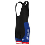 These black and blue cycling bib shorts, part of the US Postal Service Short Sleeve Pro Cycling Team Jersey Set, feature the United States Postal Service and logo on the sides, with striking red accents near the leg openings.