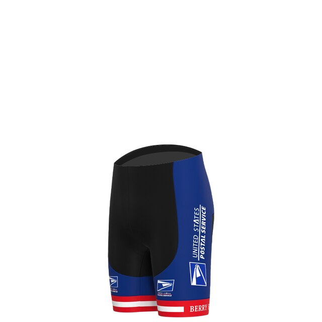 These cycling shorts mirror the vibrant black, blue, red, and white scheme of the US Postal Service Short Sleeve Pro Cycling Team Jersey Set, featuring logos and text reminiscent of Lance Armstrongs era.