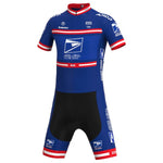 US Postal Service Short Sleeve Pro Cycling Team Jersey Set in dark blue with red and white stripes, featuring sponsor logos. Zippered front, performance-focused design inspired by Lance Armstrongs era.