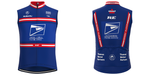 Front and back view of the US Postal Service Short Sleeve Pro Cycling Team Jersey Set in blue, adorned with sponsor logos such as Subaru, Berry Floor, Visa, and Thomas Weisel Partners, and famously worn by Lance Armstrong. It features striking red and white stripes.
