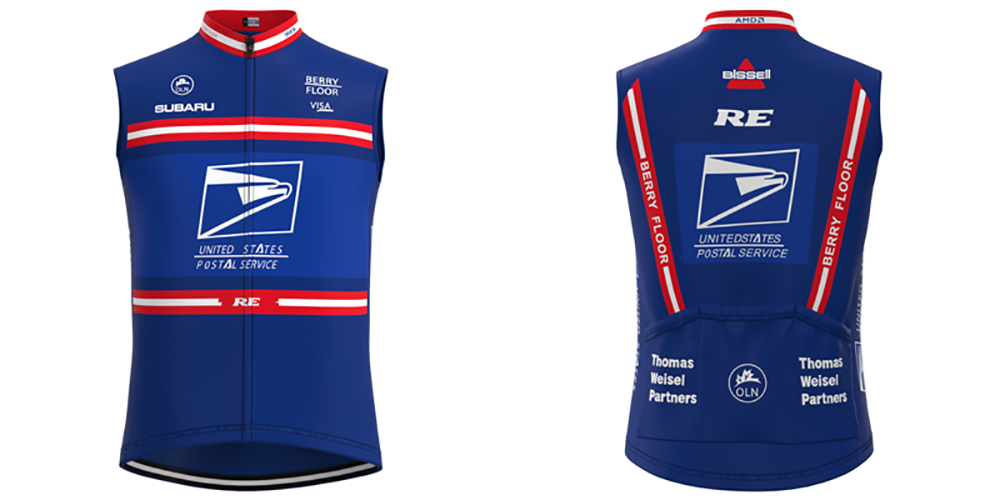 Front and back view of the US Postal Service Short Sleeve Pro Cycling Team Jersey Set in blue, adorned with sponsor logos such as Subaru, Berry Floor, Visa, and Thomas Weisel Partners, and famously worn by Lance Armstrong. It features striking red and white stripes.