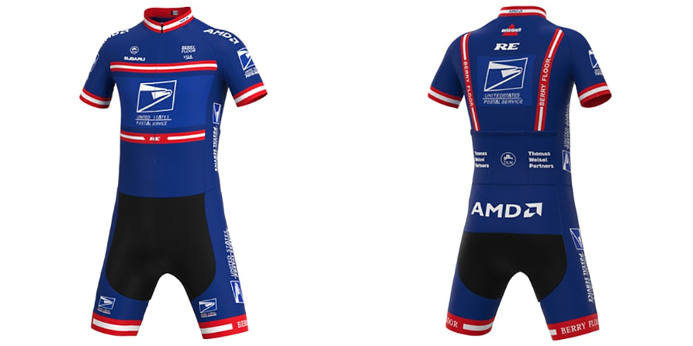 The US Postal Service Short Sleeve Pro Cycling Team Jersey Set, adorned with USPS and AMD logos, showcases blue, red, and white accents. It includes short sleeves and a front zipper, reminiscent of the Lance Armstrong era of cycling excellence. Company names appear on both the front and back.