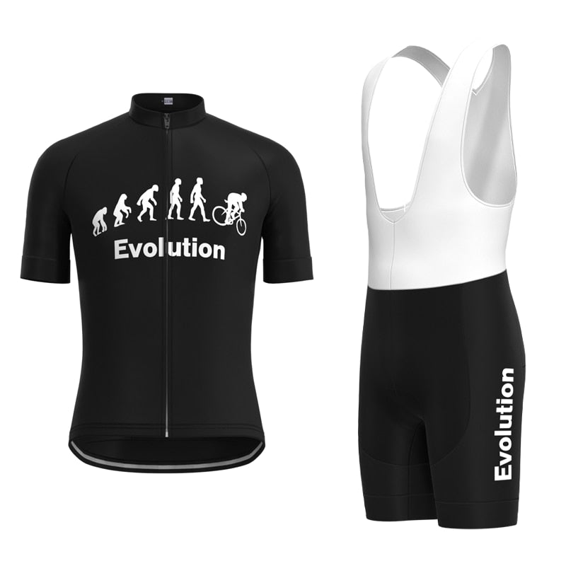 The Evolution Cycling Jersey Set includes a black short-sleeved jersey with the Evolution Cycling timeline and matching lightweight polyester bib shorts with white straps, both showcasing the Evolution text.