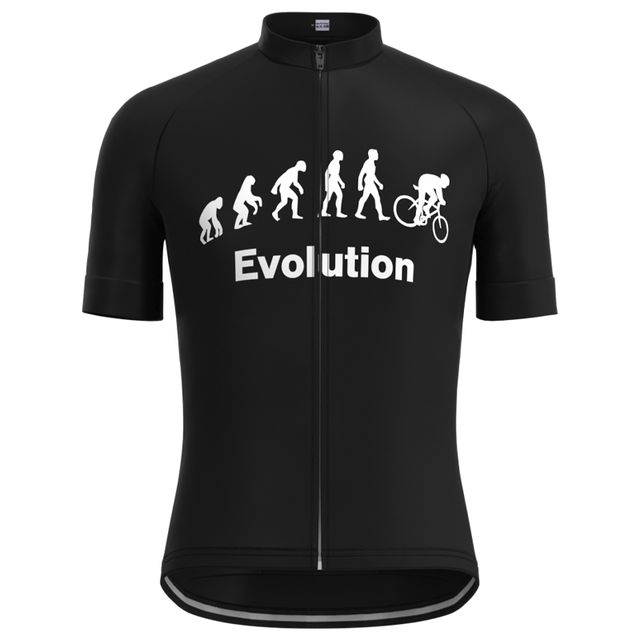 The Evolution Cycling Jersey Set features a lightweight black polyester jersey with short sleeves and a full front zipper. Its retro design highlights a white evolution graphic ending with a cyclist, complete with the word Evolution for the ultimate Evolution Cycling look.