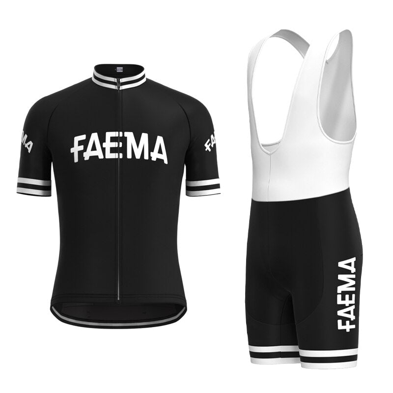 The Faema 1955 Retro Cycling Jersey Set includes a breathable, black and white short-sleeved top with a full zip and bib shorts with white straps, perfect for cycling team apparel.