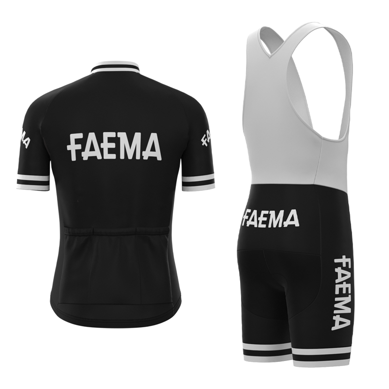 The Faema 1955 Retro Cycling Jersey Set includes a black short-sleeve jersey with white trim and matching bib shorts. It showcases a classic style with FAEMA branding in bold white letters for standout flair, making this breathable kit a tribute to bygone cycling eras.