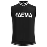 The Faema 1955 Retro Cycling Jersey Set, from the cycling team apparel collection, boasts a sleeveless design with a full zipper. Bold white FAEMA lettering is featured on the chest, with white trim on collars and armholes for a vintage look.