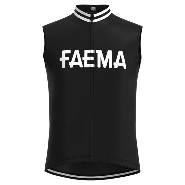 The Faema 1955 Retro Cycling Jersey Set, from the cycling team apparel collection, boasts a sleeveless design with a full zipper. Bold white FAEMA lettering is featured on the chest, with white trim on collars and armholes for a vintage look.