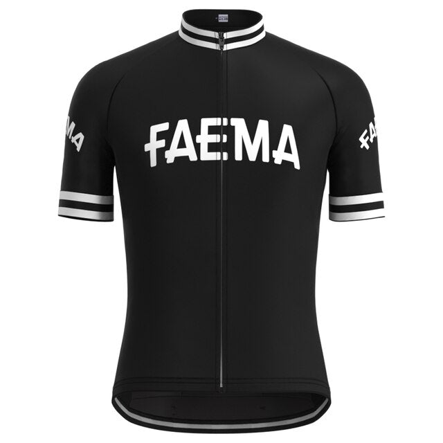 The Faema 1955 Retro Cycling Jersey Set is a breathable, black cycling jersey with white FAEMA on the front and sleeves, featuring a vertical zipper and classic white stripes on the sleeves and collar, embodying timeless team apparel style.