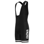 The Faema 1955 Retro Cycling Jersey Set includes black bib shorts with FAEMA in white on the left, shoulder straps, and white trim at the legs. These form-fitting shorts offer breathable comfort for cycling teams and match any Faema retro jersey.