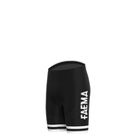 The Faema 1955 Retro Cycling Jersey Set includes black cycling shorts with FAEMA in white vertically down the side, echoing vintage styles. Their simple design and twin white hem stripes make them ideal for fans of classic cycling team apparel.