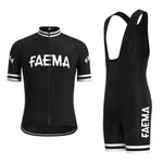 The Faema 1955 Retro Cycling Jersey Set features a black short-sleeve jersey with a white logo and matching bib shorts. Made from breathable material, this set offers comfort and style for cycling enthusiasts.