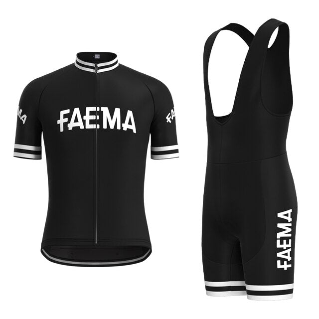 The Faema 1955 Retro Cycling Jersey Set features a black short-sleeve jersey with a white logo and matching bib shorts. Made from breathable material, this set offers comfort and style for cycling enthusiasts.