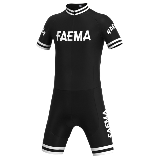 The Faema 1955 Retro Cycling Jersey Set features a black suit with FAEMA in white text on the chest, sleeves, and legs. It has short sleeves, a high collar, and white trim on the edges, combining style and function for aerodynamic performance.