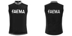 Front and back view of the Faema 1955 Retro Cycling Jersey Set in sleek black with bold FAEMA lettering. This team apparel features a full-length front zipper, back pockets, white trim on the collar, and armholes for a timeless look.