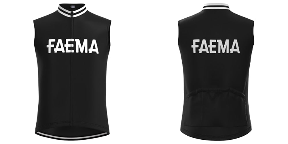 Front and back view of the Faema 1955 Retro Cycling Jersey Set in sleek black with bold FAEMA lettering. This team apparel features a full-length front zipper, back pockets, white trim on the collar, and armholes for a timeless look.